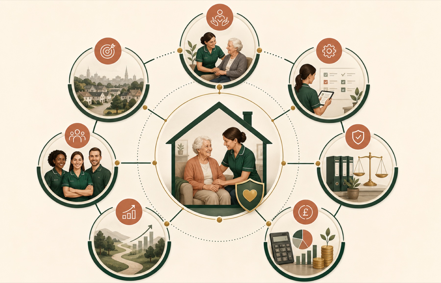 Seven connected sections of a homecare business plan arranged as a service blueprint