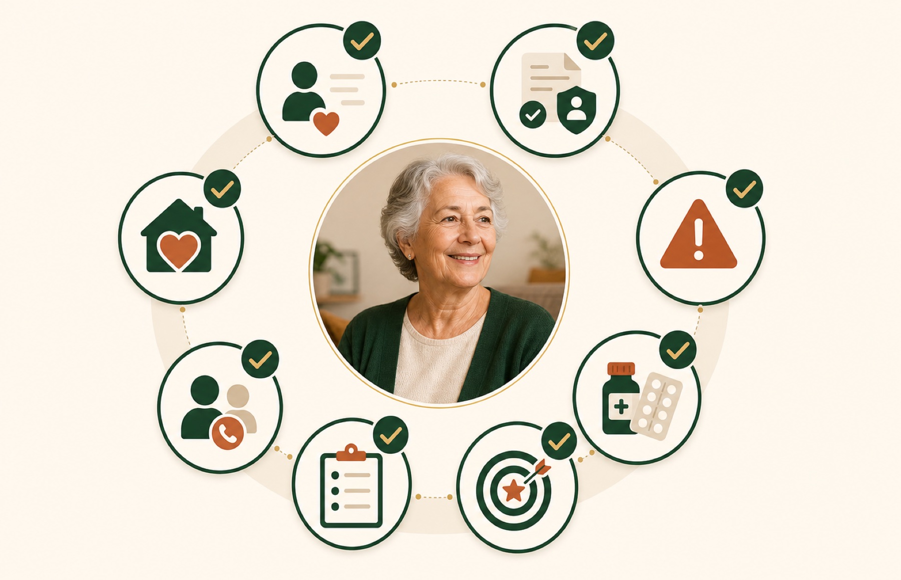 Eight care-plan audit modules arranged around the person receiving care