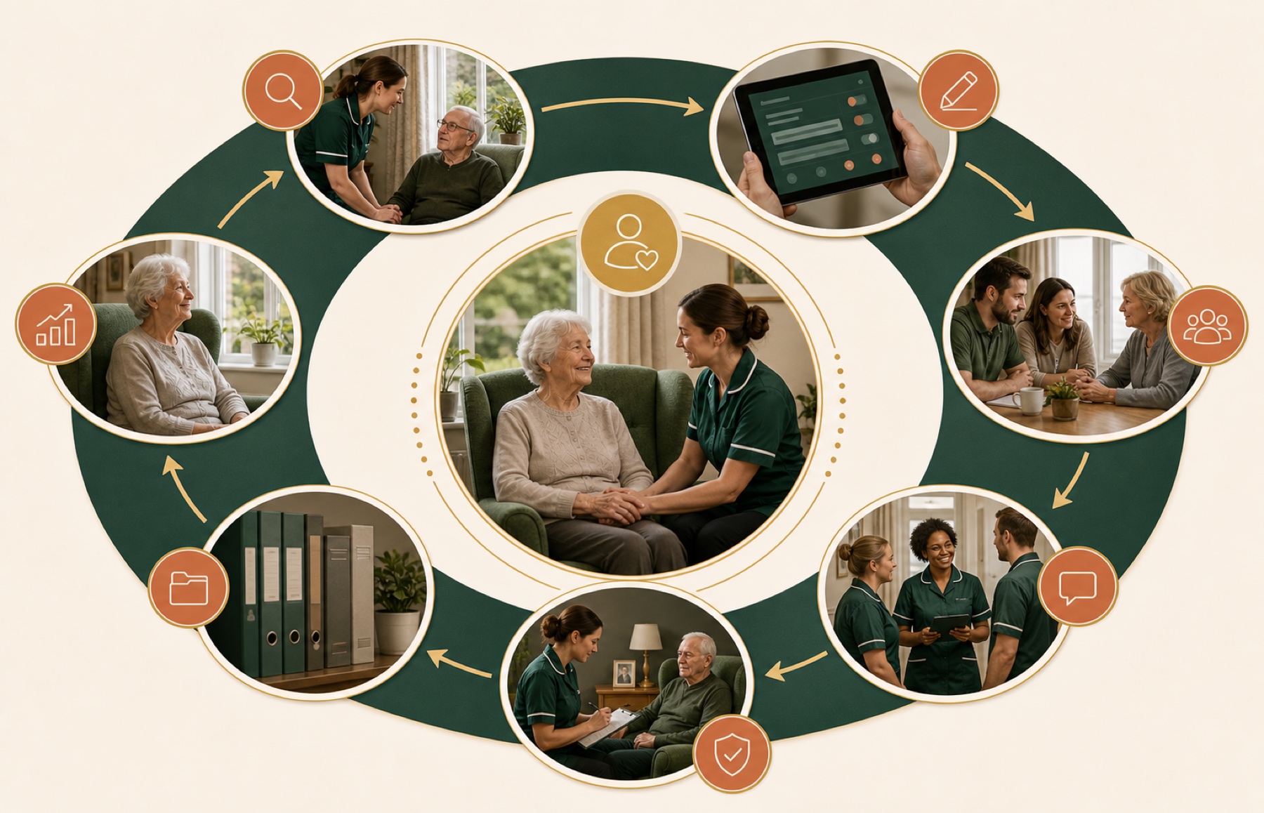 Circular path from observed change to updated record, involvement, staff briefing and checked delivery