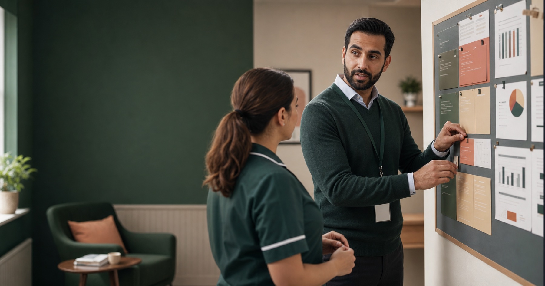 Homecare quality lead and care worker reviewing an evidence wall