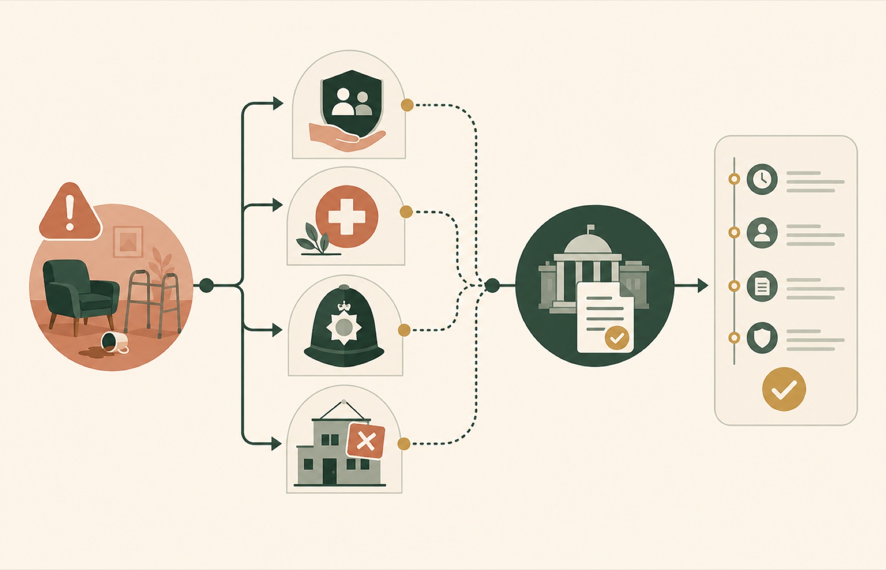 Icon-led decision path from a care incident to regulator notification and an audit trail