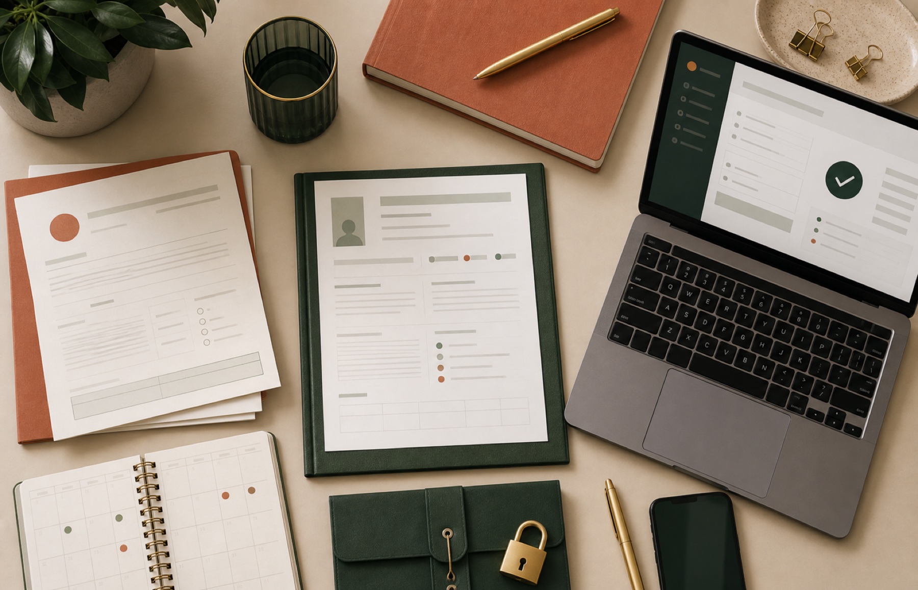 Organised incident notes, calendar, secure laptop and confirmation record