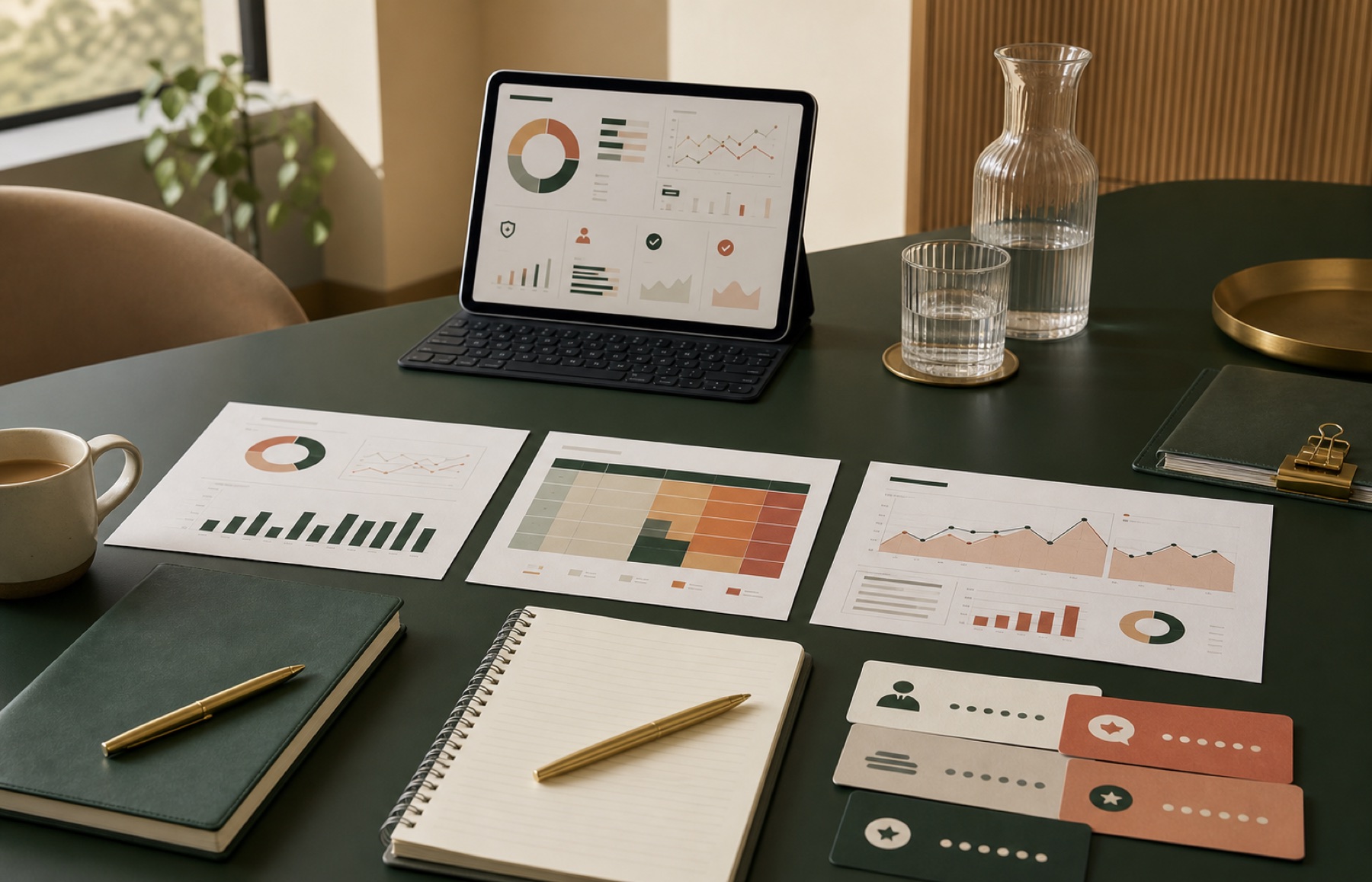 Governance dashboard, risk register, feedback and action tracker on a leadership table