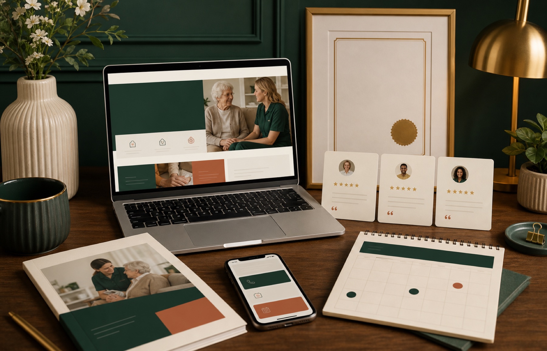 Homecare website, service guide, review cards and consultation diary as trust signals