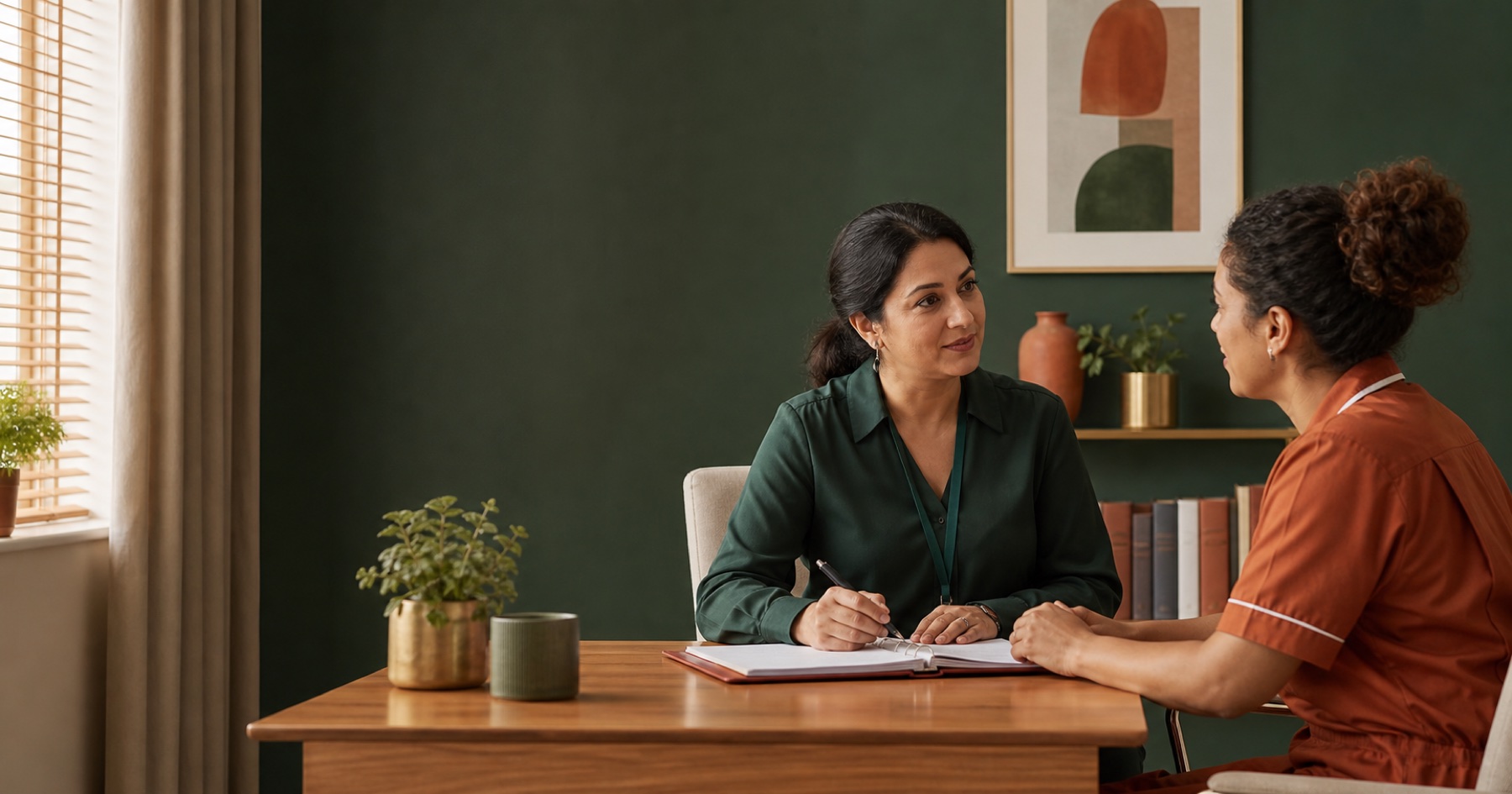Registered manager holding a supportive supervision meeting with a homecare worker