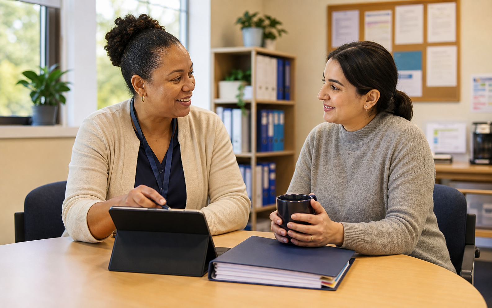 Care manager and care worker reviewing free domiciliary care policy documents