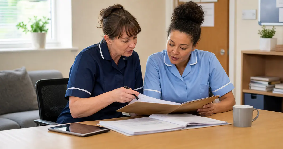 Care team reviewing policies and procedures for domiciliary care governance