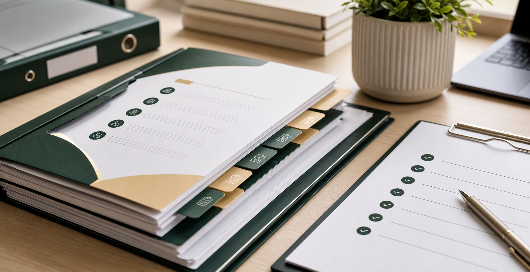 Organised CQC registration document pack on a care office desk