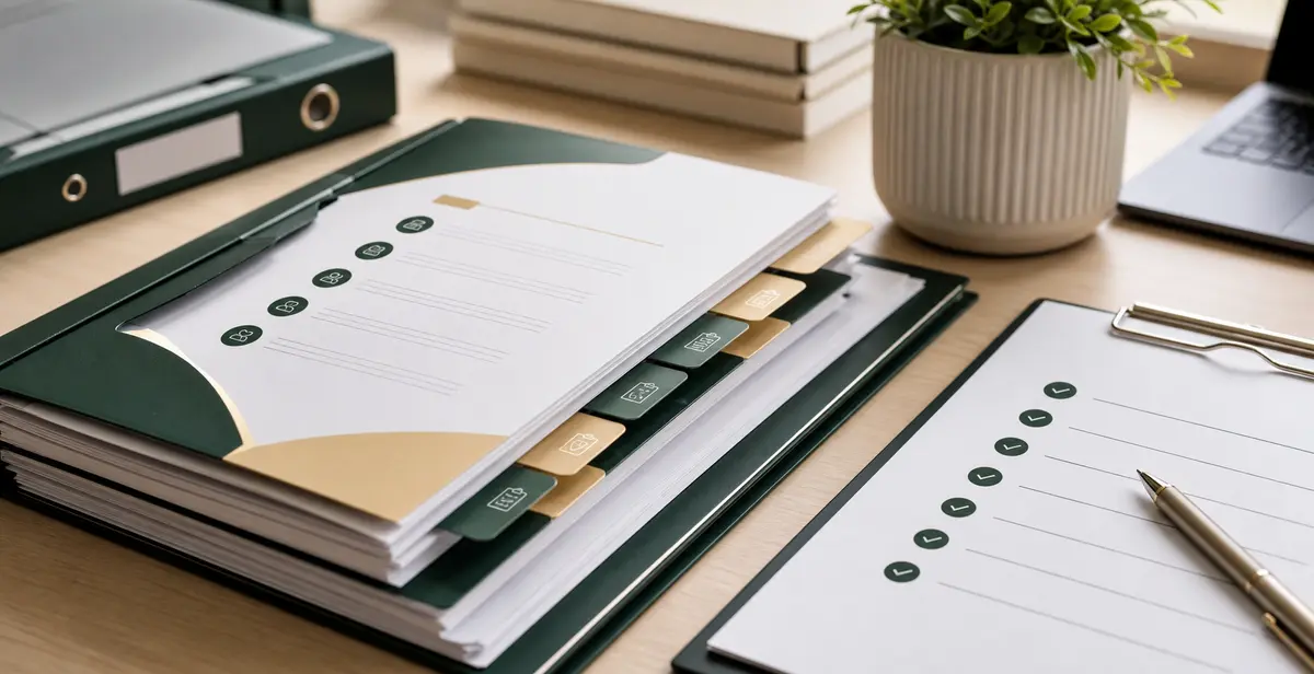Organised CQC registration document pack on a care office desk