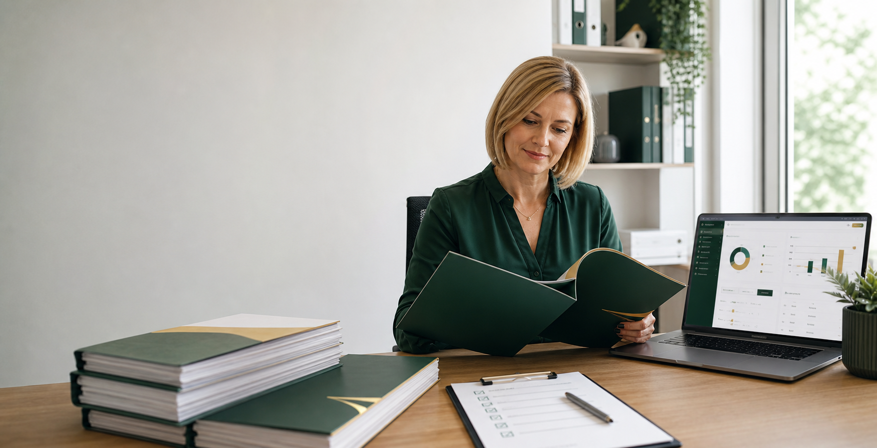 Registered manager reviewing a CQC registration document pack in a care office
