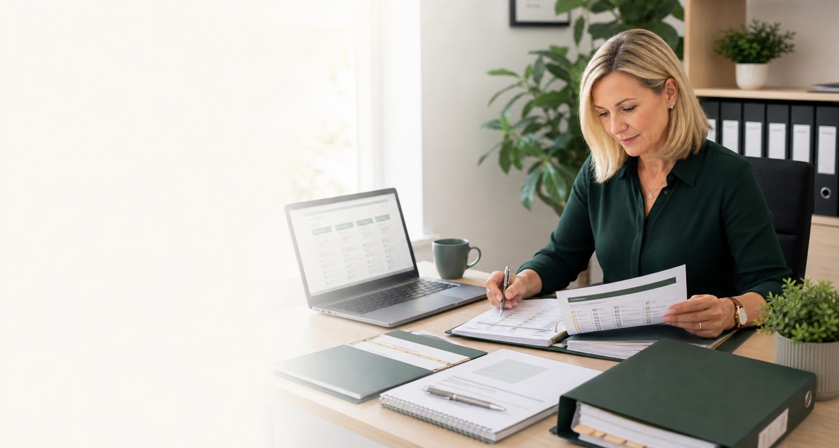 Care manager comparing care policy options on a laptop and checklist