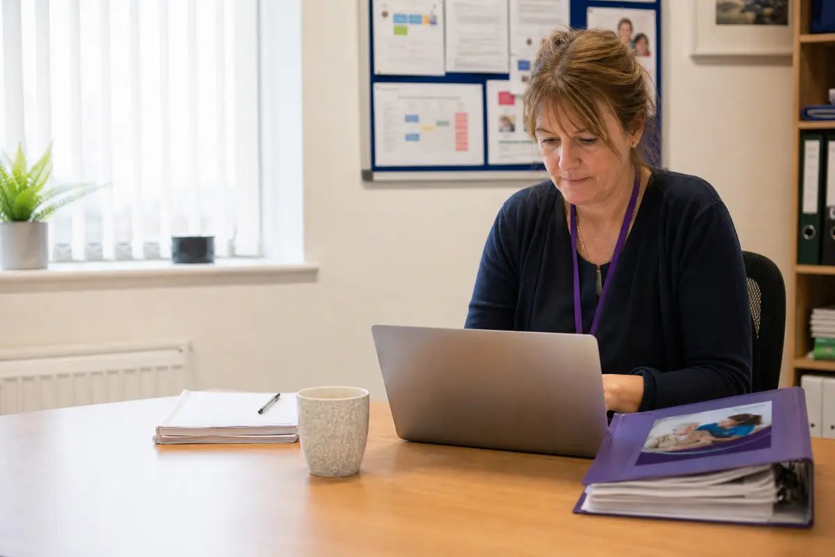Registered manager reviewing domiciliary care policies and procedures at a desk