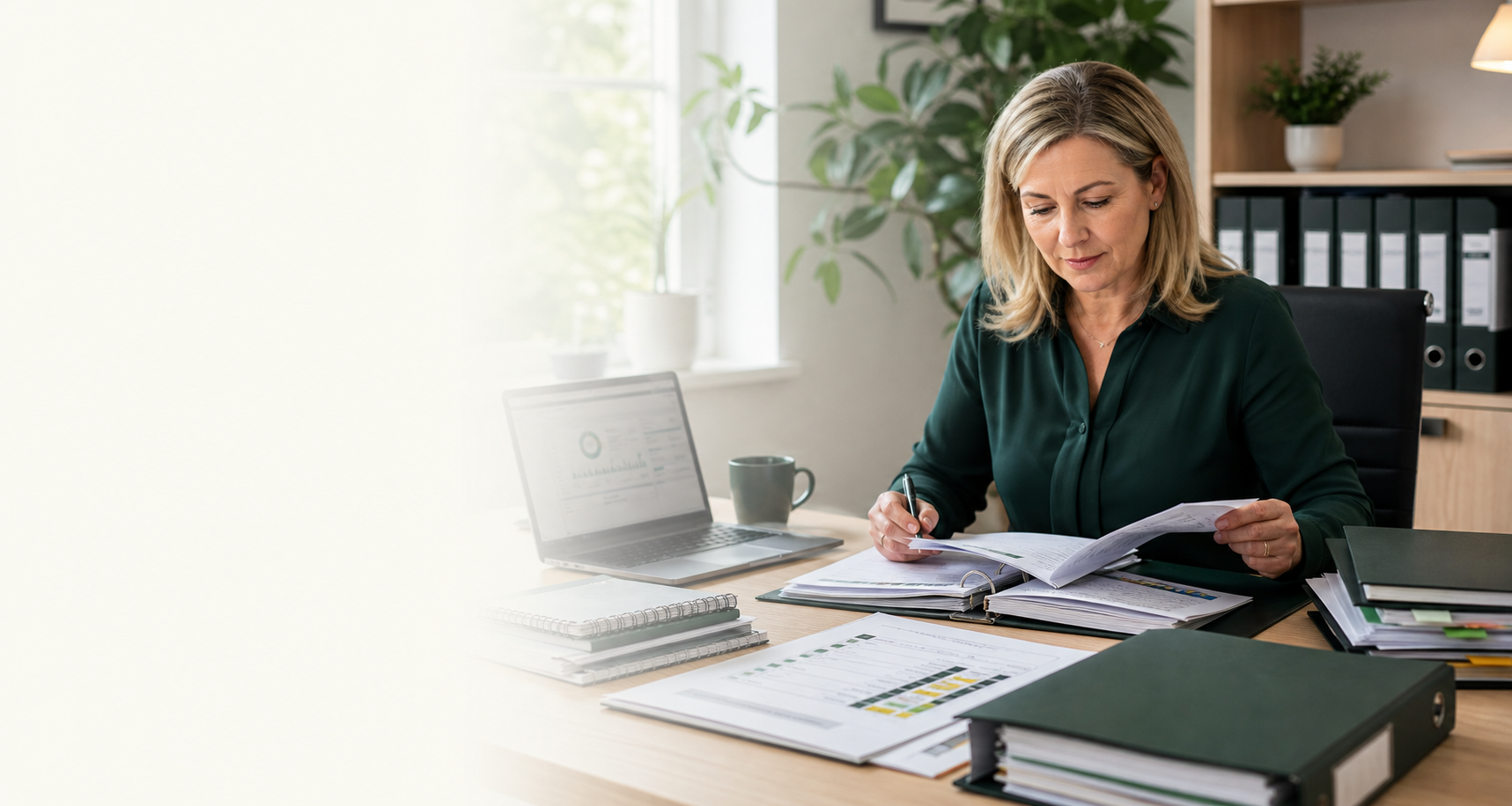 Registered manager reviewing CQC governance evidence and documents in a care office